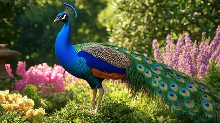Obraz premium A graceful peacock, displaying its vibrant plumage in a lush garden, symbolizing beauty, pride, and elegance in nature.