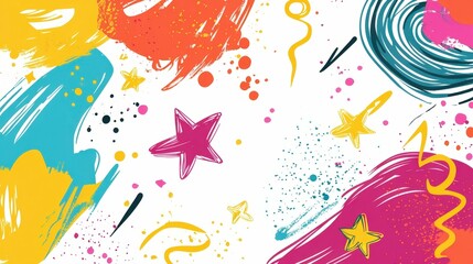Fototapeta premium bright abstract doodles in a childlike style with swirls, stars, and vibrant colors, clean white background, minimalistic composition