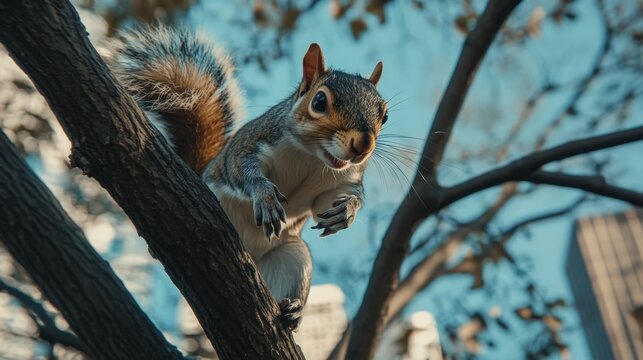 A playful squirrel leaping between tree branches, its bushy tail catching the sunlight, ,