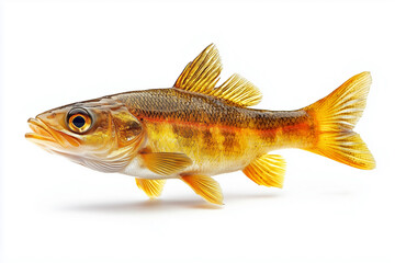 Obraz premium Vibrant Orange Fish on White Background. Close-up of a vibrant orange and yellow fish with detailed scales and fins, isolated on a white background.