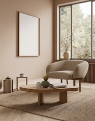 3D render of a minimalist beige room featuring an elegant frame mockup, ideal for modern art...