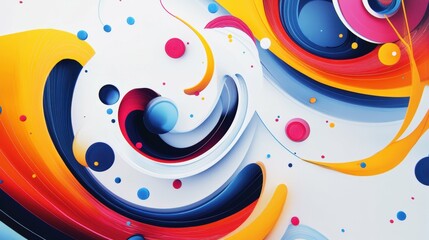 abstract composition of bright swirls, circles, and geometric patterns on a white canvas, clean modern design with vivid tones