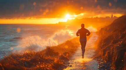 A lone runner enjoys the refreshing ocean air while jogging along a coastal trail at sunset. The sun casts a warm glow on the waves crashing nearby.