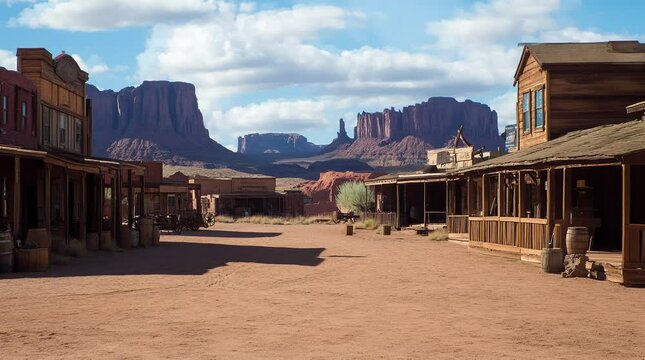 Rustic Wild West town with wooden houses under a bright sunny sky on a clear day  
Seamless looping 4k time-lapse virtual video animation Generated AI