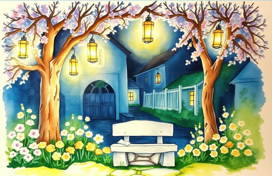 watercolor painting of a house with a white piano in the fore
