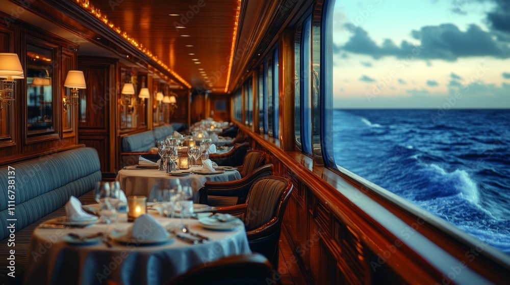 Poster the luxurious dining area showcases elegantly set tables near large windows overlooking the ocean. s