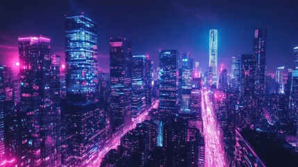 Fototapeta premium Neon Cityscape at Night: A Vibrant Metropolis