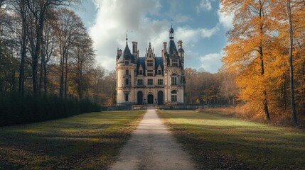 Gothic-style castle surrounded by trees and blue sky long pathway leading to the structure morning light creating a fairytale atmosphere