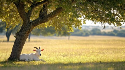 White goat with small horns resting under a tree in a sunny meadow natural countryside background soft daylight