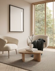 Frame mockup in a chic beige interior, designed to complement modern decor and enhance artistic presentations.