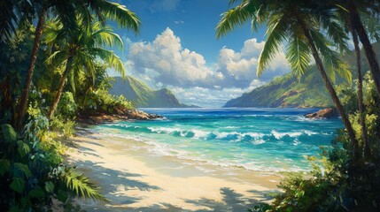 Tropical Beach with Palm Trees and Turquoise Ocean