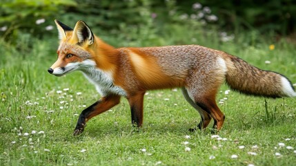 Fototapeta premium Red fox walking through a grassy field with flowers bright natural lighting soft focus on details