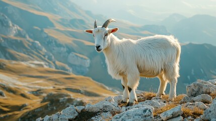 Fototapeta premium White goat standing on a rocky hill with a mountain landscape in the background soft natural lighting highlighting detailed fur texture