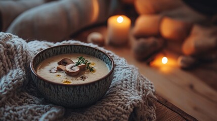 Enjoying delicious mushroom soup on cozy evening with burning candles