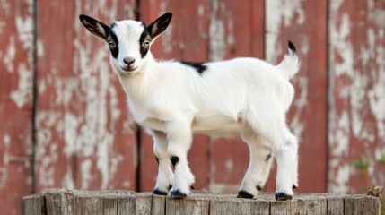 Obraz premium Small white goat with black spots standing on a wooden platform rural barn in the background soft warm lighting