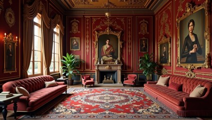 Fototapeta premium Opulent red and gold room with portraits, fireplace, sofas, carpet, mirror, and plants. Generative, AI,