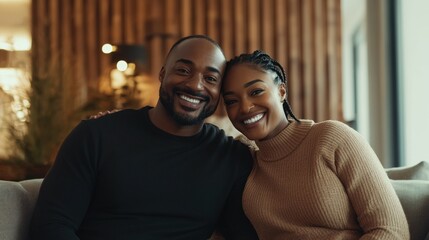 Fototapeta premium Happy African-American man and woman smiling on a couch bright artificial lighting with a contemporary and minimalistic living room background