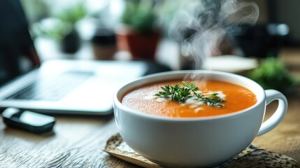 Steaming hot vegetable soup served as a healthy snack during work