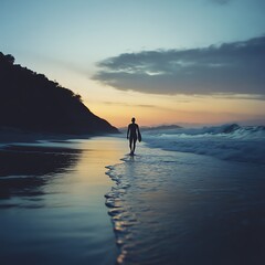 Fototapeta premium Silhouette of a man walking on a beach at sunset.