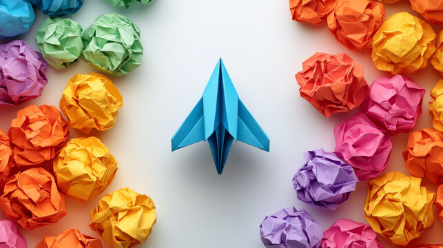 Origami blue airplane in the center of a white background, crumpled and chaotically scattered colored paper on the sides. Symbol of business decisions.