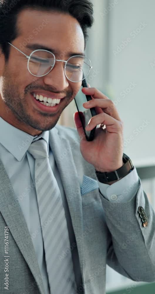 Poster phone call, smile and update with business man in office for communication, discussion or negotiatio
