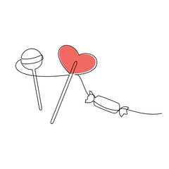 Hand drawn red heart lollipop. Sweets candies line continuous drawing. Vector illustration. Linear icon. Minimal print, banner, card, wall art poster, brochure, logo, cartoon sign, doodle, symbol