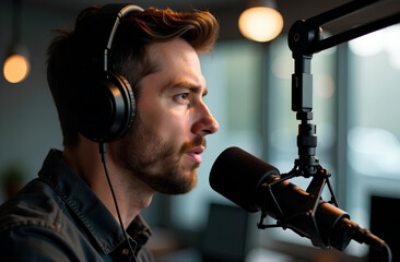 Focused male podcaster in studio with headphones and microphone. Radio Day
