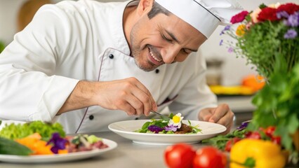 Naklejka premium The chef meticulously garnishes a dish with fresh herbs and edible flowers creating a visually stunning presentation. His expression is one of pride and satisfaction as he admires