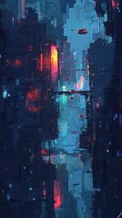 Obraz premium A vibrant urban environment at night reveals colorful neon lights reflected in the wet streets. Skyscrapers loom above, illuminated in shades of blue and red, creating a captivating atmosphere.