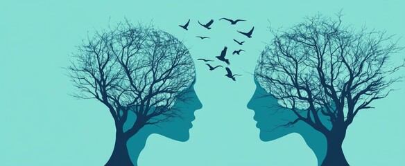 Two Bare Trees Form Faces Birds Fly Between Them