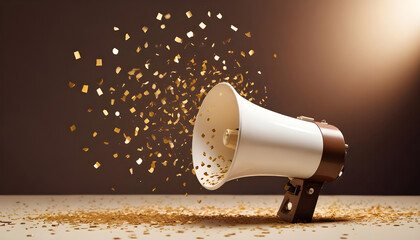 a white megaphone with gold confetti around, share good news concept, large space for copy