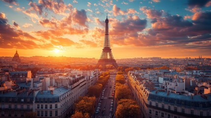 Fototapeta premium Eiffel Tower at Sunset Aerial View