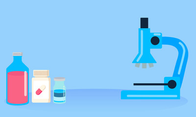 Fototapeta premium Microscope with Medicine Bottles and Pills Illustration