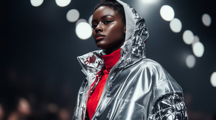 Fashionable model in a silver hooded jacket with a red accent under dramatic runway lighting