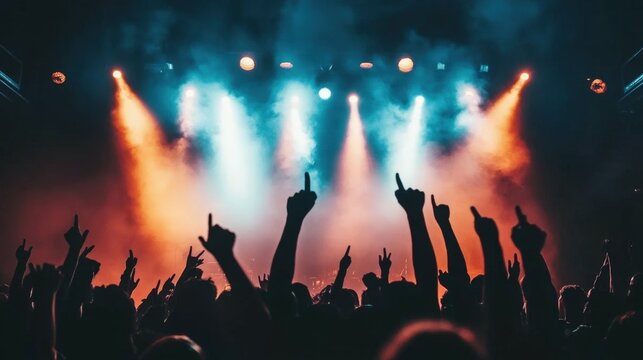 Concert stage with dynamic colored lights smoke effects and a crowd raising their hands vibrant atmosphere of live music in dim lighting