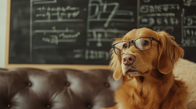 Golden dog wearing glasses and sitting on a couch playful concept of finance blurred blackboard with equations in the background studio lighting