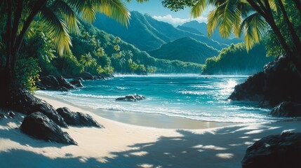 Fototapeta premium Serene Tropical Beach with Palm Trees and Blue Water