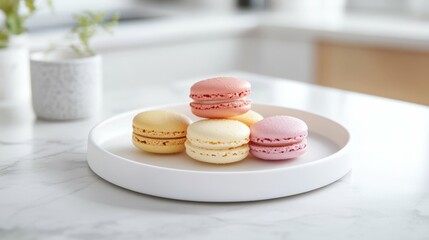 Fototapeta premium A set of colorful macarons on a white ceramic plate bright and modern kitchen soft pastel colors vibrant lighting