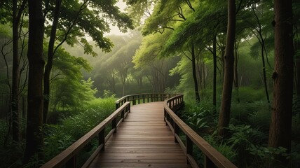Obraz premium Serene wooden boardwalk winding through a lush, misty green forest.