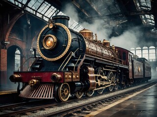 Fototapeta premium A steampunk-inspired locomotive, featuring brass pipes, gears, and vintage details, blending Victorian-era aesthetics with futuristic steam-powered design