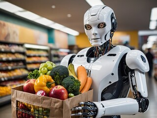 An AI robot assists humans by shopping for groceries, carrying bags from the store, showcasing its helpfulness and integration into daily life