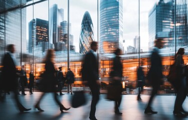 numerous business people in an office setting, against the backdrop of modern city buildings The lighting is bright and reflects on their attire as they walk around conversing Generative AI