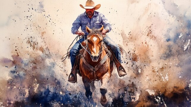 Cowboy Riding Horse in Artistic Watercolor Style