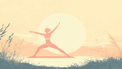 Female silhouette practicing yoga at sunrise in serene landscape