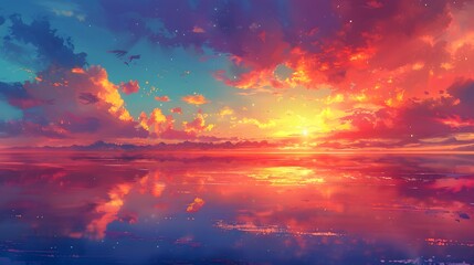 Fototapeta premium A stunning sunset casts warm hues of pink, purple, and orange over the clouds and water, creating a surreal and dreamlike landscape.