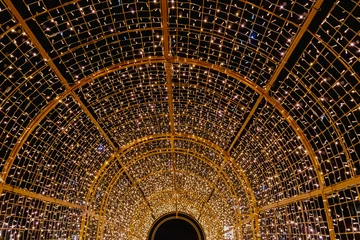 Fotobehang Gang Magical Corridor: A perspective view of the tunnel bathed in golden light stretching into the darkness of the night creates the feeling of walking down a Christmas fairytale path.  © Sviatlana Barysevich