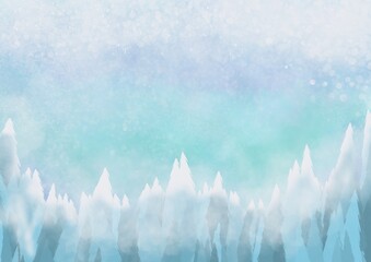 Winter scene with forest around made in watercolor style blue clouds sky