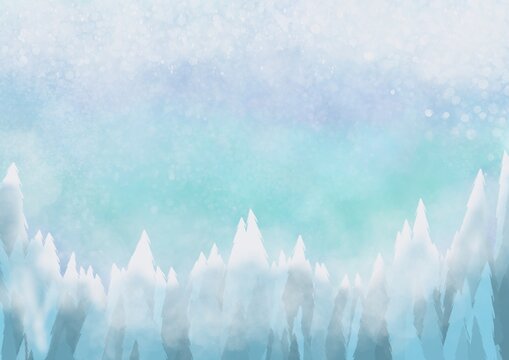 Winter scene with forest around made in watercolor style blue clouds sky