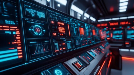 Obraz premium AI logistics monitoring, glowing holographic dashboards, advanced technology room, cyber-inspired colors