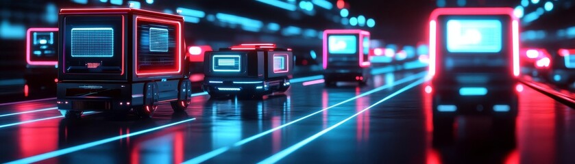 Obraz premium AI-enhanced transportation, neon holographic panels, futuristic delivery vehicles, urban tech scene